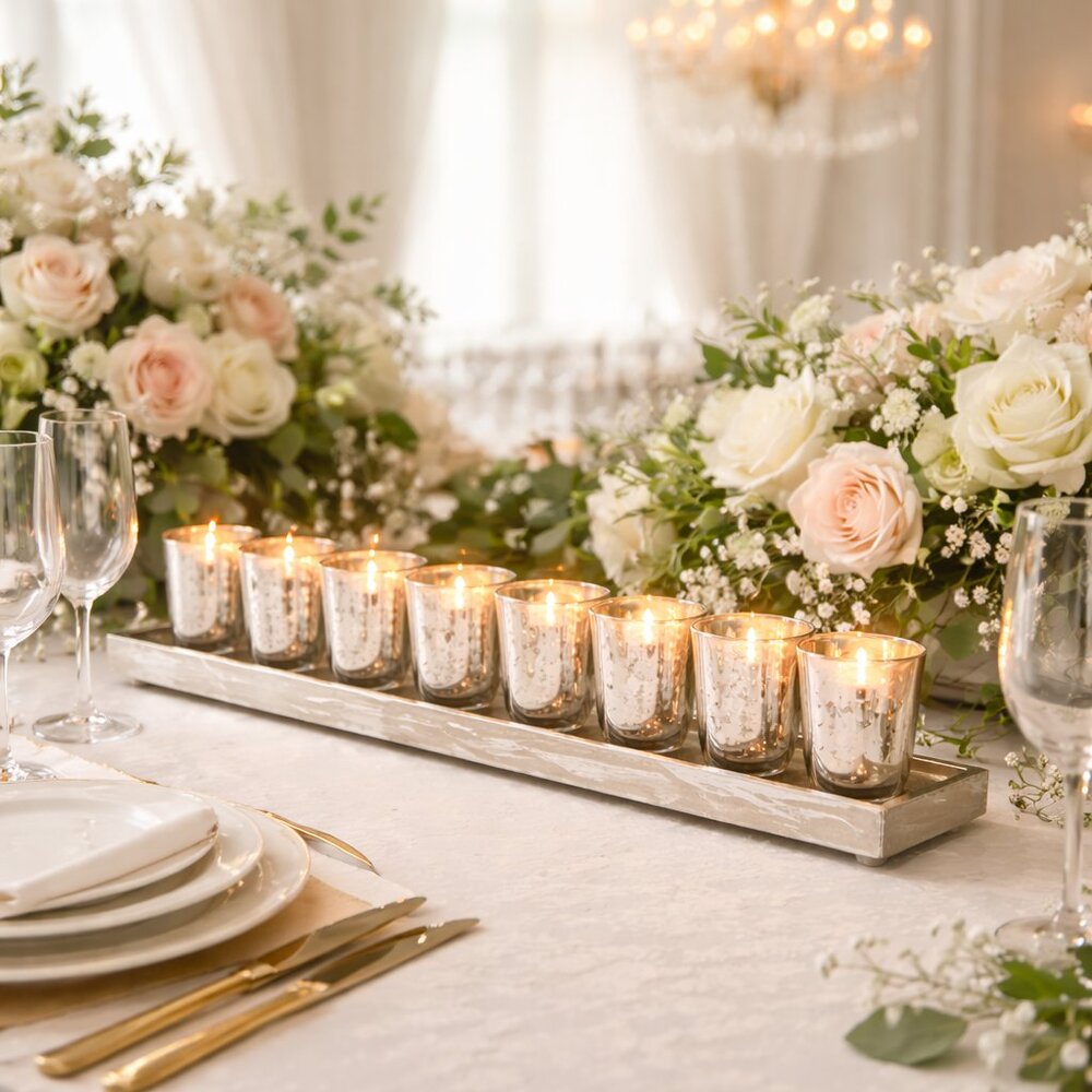 MERCURY GLASS VOTIVES (8) & TRAY (SET)  |  VOTIVE CANDLES INCLUDED